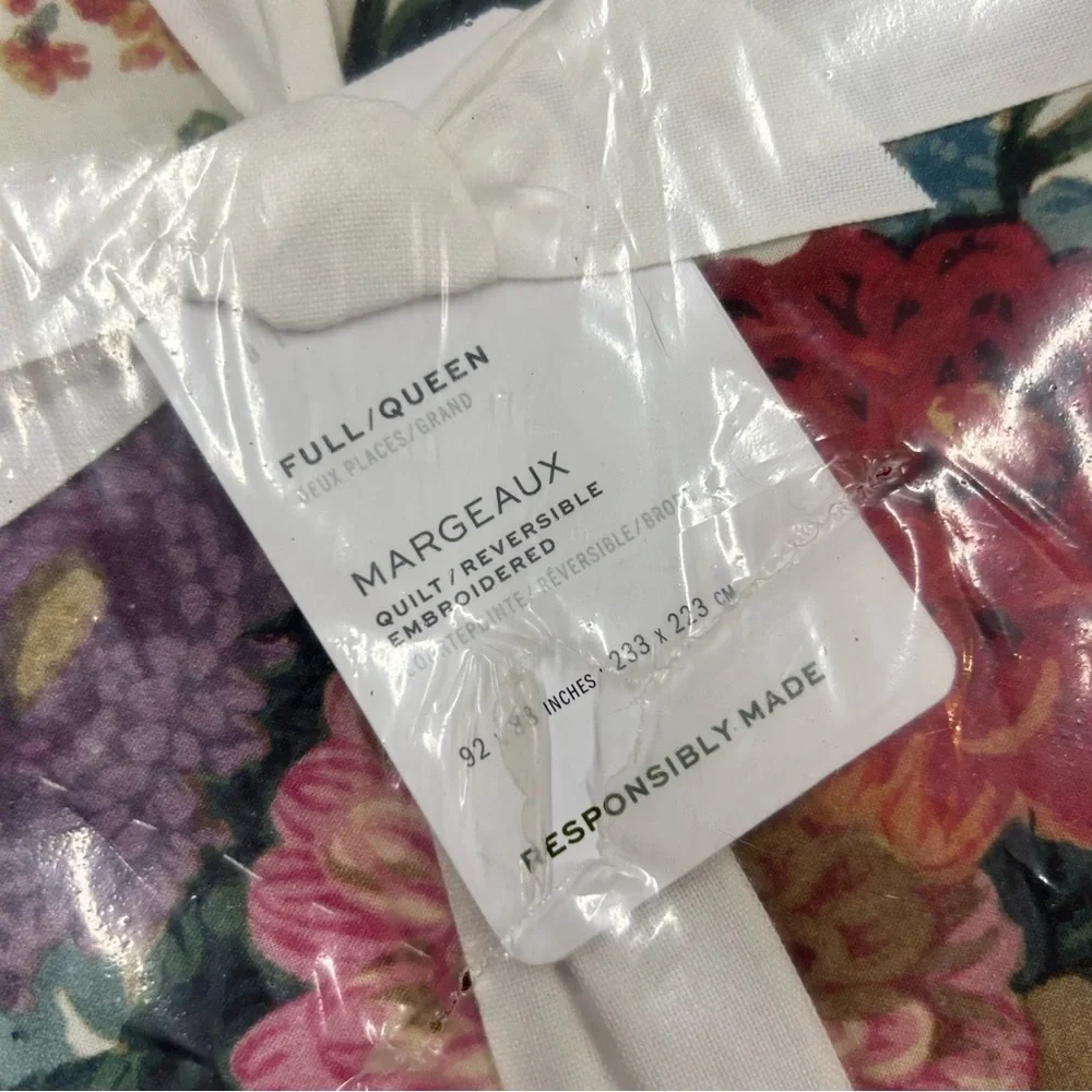Pottery Barn Margeaux Embroidered Floral Reversible Quilt Bedding Full Queen NWT
